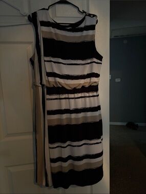 Sleeveless Striped A-Line Dress in Black, White & Beige
